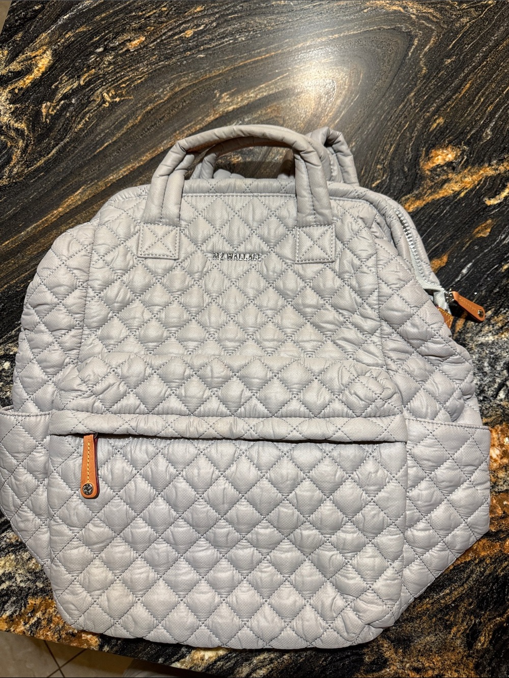 MZ WALLACE Light Gray Quilted Nylon Backpack with Tan Zipper Pulls